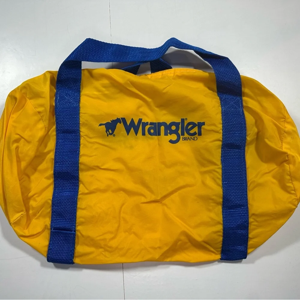 Vintage Wrangler‎ Duffle Bag Barrel Luggage Yellow Nylon Blue Jeans Cowboy Case